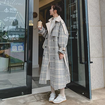 Wełniany płaszcz 2021 zima nowy pled koreański wolny miękki dwurzędowy pod kolanem klapy moda damska kurtka FC1