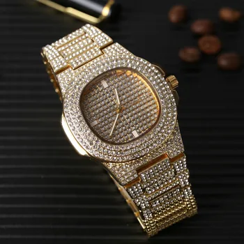 Luksusowe Męskie Złote Kolorowe Zegarki Hip-Hop Ton Rhinestone Zegarek I Krzyż Naszyjnik Miami Lód Z Kubańska Naszyjnik Łańcuch Hip-Hop Dla Mężczyzn