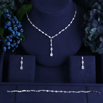 Luksusowy elegancki kształt ślubnej naszyjnik bransoletka kolczyki zatokę komplet cyrkonia duże ślubne zestawy biżuterii dla narzeczonych