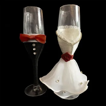 Najnowsza 1 pary czerwony łuk i białe koronki wiejska ślub ślubny prysznic prezent ślub juta szampan, toasty kieliszki zestaw