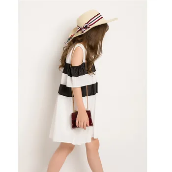 Dziewczyna sukienki z ramienia подростковое letni strój plażowy dla Dzieci odzież casual z długim rękawem biały czarny szyfon sukienka dla dziewcząt