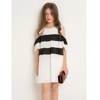 Dziewczyna sukienki z ramienia подростковое letni strój plażowy dla Dzieci odzież casual z długim rękawem biały czarny szyfon sukienka dla dziewcząt
