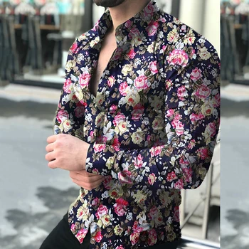 Moda miękka guzik koszula męska casual męskie Kwiat drukowanie z długim rękawem przycisk skręcić w dół kołnierz koszula top 2019 nowa gorąca sprzedaż moda