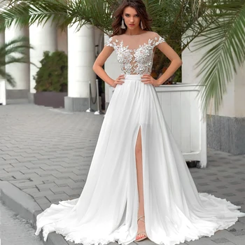 Weilinsha New Sexy Illusion Wedding Dresses Cap Sleeve Бисерная aplikacja A-line szyfonu suknia ślubna Vestidos De Novia
