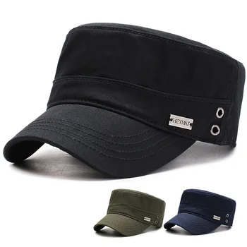 Nowa moda HEYHAT Metal label wojskowa czapka dla mężczyzn Wowen classic flat top solid color outdoor casual retro army cadet style
