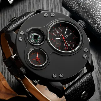 2019 NEW Oulm Zegarki Men Luxury Brand Two Time Zone zegarek ozdobny kompas duża tarcza Męskie zegarek kwarcowy relogio masculino