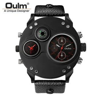 2019 NEW Oulm Zegarki Men Luxury Brand Two Time Zone zegarek ozdobny kompas duża tarcza Męskie zegarek kwarcowy relogio masculino