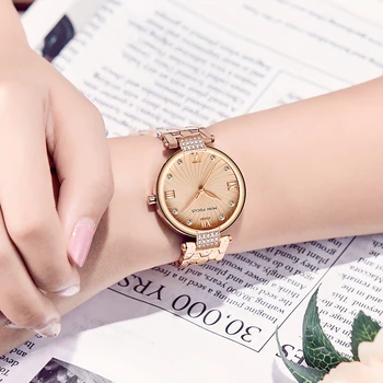 MINIFOCUS luksusowe kryształowe zegarki kobiety wodoodporny różowe złoto stal pasek panie zegarek Kwarcowy zegarek bransoletka Relogio Feminino