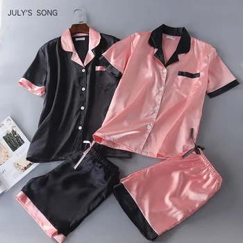 Lipiec piosenka Kobieta wiosna lato piżama różowy czarny kieszenie przycisk piżamy szorty dorywczo Atlas sztuczny jedwab piżamy zestaw domowej odzieży