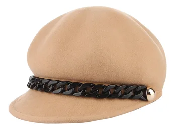 Jesień-zima Nowa Damska ośmioboczna kapelusz Lady Fashion Chain Wool Cap Female Pure Color Casual British Retro All-match Hats H7217