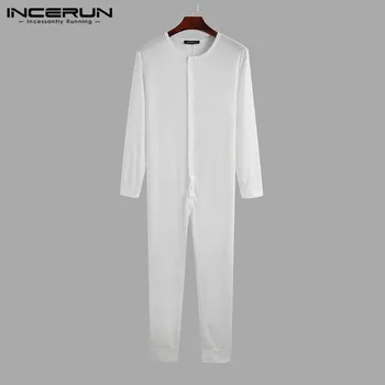 INCERUN 2021 męska piżama kombinezon wygodny jednolity kolor z długim rękawem przycisk strona odzież wypoczynek bielizna nocna mężczyźni kombinezon piżama