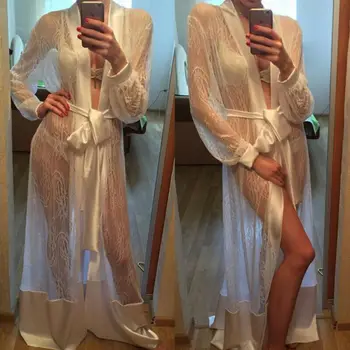Sexy kobiet przezroczyste koszule siatki bielizna zobaczyć przez szlafrok długie ślubne wanny suknia panny młodej szlafrok koronki kwiatowy piżama koszula nocna