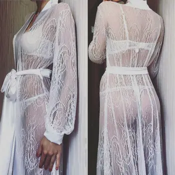 Sexy kobiet przezroczyste koszule siatki bielizna zobaczyć przez szlafrok długie ślubne wanny suknia panny młodej szlafrok koronki kwiatowy piżama koszula nocna