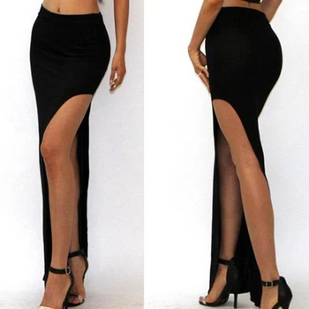 Nowa Moda Uroczy Sexy Kobiety Panie Długie Spódnice, Długie Wysoka Talia Wysoka Szczelina Maxi Spódnica Czarna Otwarta, Boczna Spódnica Z Rozcięciem