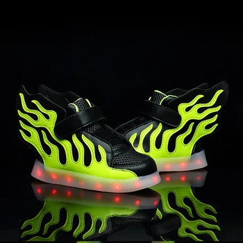 STRONGSHEN Green Kids Shoes with LED Lights Children Kids Sneakers with Wing Boys Girls Led Light Up Shoes USB Charging Warm