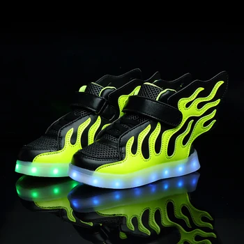 STRONGSHEN Green Kids Shoes with LED Lights Children Kids Sneakers with Wing Boys Girls Led Light Up Shoes USB Charging Warm