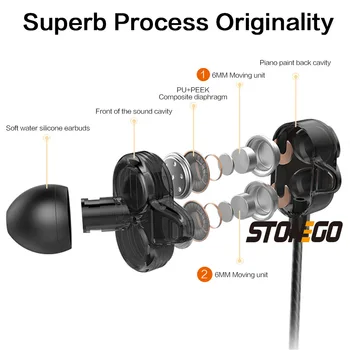 STONEGO Dual Driver douszne słuchawki sportowe, słuchawki dynamiczne głośnomówiący dodatkowy mikrofon stereo bass jack 3,5 mm
