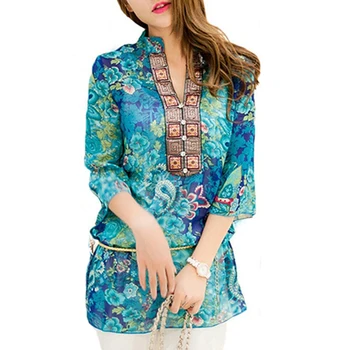 Moda damska lato koreański styl etniczny wolny szyfonowa bluzka szyfon rękawy plus rozmiar 5XL kwiatowy casual top