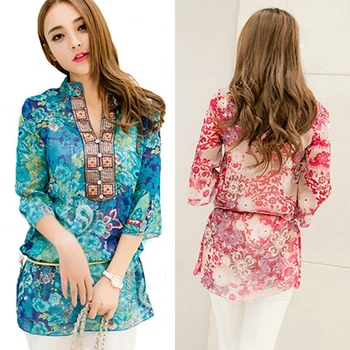 Moda damska lato koreański styl etniczny wolny szyfonowa bluzka szyfon rękawy plus rozmiar 5XL kwiatowy casual top