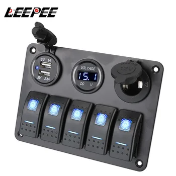 LEEPEE z bezpiecznikiem wodoodporny podwójne gniazdo USB gniazdo 12/24 W gniazdo kombinacja 5 Gang LED Rocker Switch Panel cyfrowy napięcie