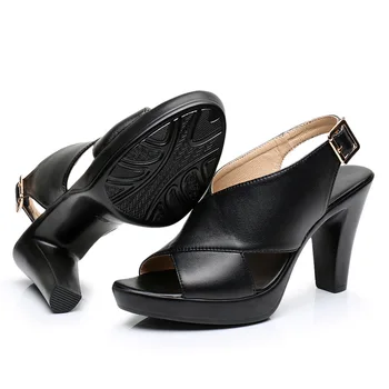 2021 nowe eleganckie letnie buty open toe Damskie sandały ze skóry wołowej skóry grube sandały na wysokim obcasie rozmiar plus buty Damskie sandały