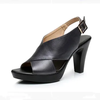 2021 nowe eleganckie letnie buty open toe Damskie sandały ze skóry wołowej skóry grube sandały na wysokim obcasie rozmiar plus buty Damskie sandały
