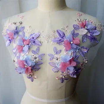 2szt fioletowy 3D kwiat koronki tkaniny akrylowe rhinestone haftowane sukienki aplikacje siatki szycia łaty na wesele dekoracja sukienka DIY