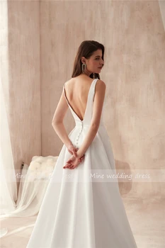 V-dekolt linkę centrum matowy satyna suknia ślubna pod 70 prosty styl A-line suknia ślubna plaża ślub sukienki Vestido De Noiva