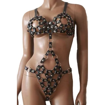 Damskie skórzane i metalowe pierścienie tkane fetysz ciała wiązka bikini w stylu teddy фемдом body kobiet perwersyjne rpg garnitur