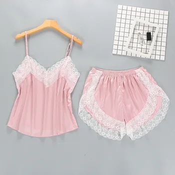 Różowe sexy kobiety lato 2szt szlafrok kąpielowy sukienka pasek top spodnie piżamy komplety piżamy Lady domowa odzież nocna koszula garnitur piżamy M-XXL