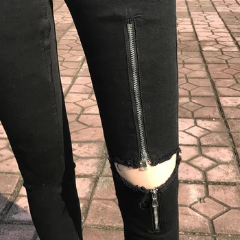 2020 sexy high zwężone Black Knee zipper perforowane nóżki ołówek spodnie modne spodnie