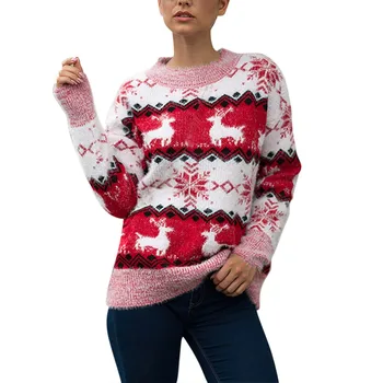 Łoś Śnieżynka Druku Świąteczny Sweter Kobiety Boże Narodzenie O Szyi Sweter Z Długim Rękawem Topy Swetry Z Dzianiny Szczyty Jesień Zima Ciepła