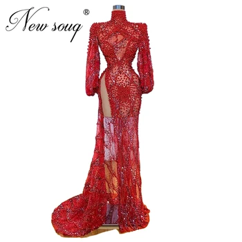 Szlafrok Iluzja Przezroczyste Suknie Wieczorowe Czerwone Koraliki Gwiazdy Sukienka 2020 Couture Arabia Saudyjska Dubaj Linkę Suknia Wieczorowa