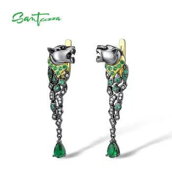 SANTUZZA srebrne kolczyki dla kobiet 925 srebro kolor czarny Leopard błyszczący zielony spinel oszałamiająca moda wykwintne biżuteria
