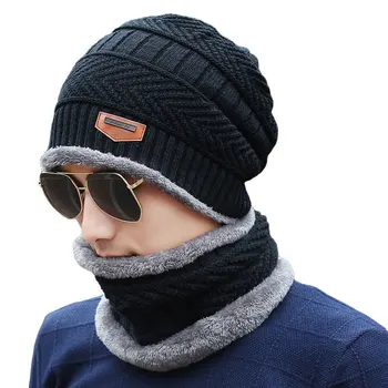 Zimowa nowa męska wodoodporna, ciepła czapka i szyjny zestaw. Modny koreański odkryty sweter z miękkiej i ciepłej dzianiny kapelusz. Zestaw Składa Się Z Dwóch Części