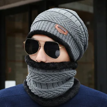 Zimowa nowa męska wodoodporna, ciepła czapka i szyjny zestaw. Modny koreański odkryty sweter z miękkiej i ciepłej dzianiny kapelusz. Zestaw Składa Się Z Dwóch Części