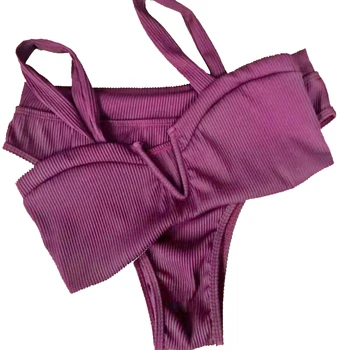 2020 Sexy Women Bikini V Neck Low Cut Biquini High Waist Solid Elastan Rib Brazylijskie Damskie Krótkie Topy, Stroje Kąpielowe