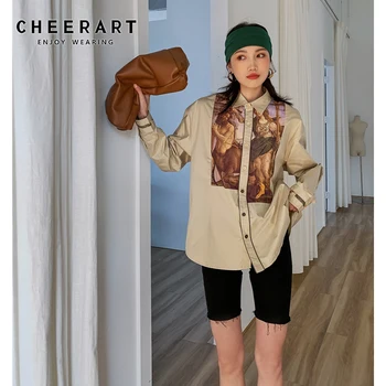 CHEERART Wiosna 2021 Renesans drukowania z długim rękawem koszula damska topy i bluzki luźna koszula designerskie estetyczna odzież