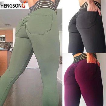 Wysoka talia kobiety fitness legginsy skinny kieszenie kostki długość joga spodnie treningowe siłownia legginsy