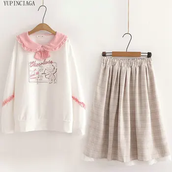 Damskie zestawy koreańskiej odzieży ładny lalka kołnierz koronki Kawaii bluza + spódnica w kratę garnitur 2020 jesień kobieta słodki styl Zestaw 2 sztuk