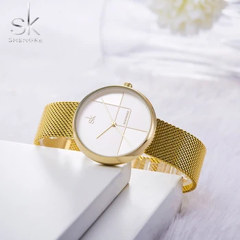 Shengke Golden Watches For Ladies zegarek Kwarcowy kobiety Mediolan siatki stalowe zegarek lrregular Clock Dial Relogio Feminino