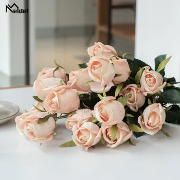 Meldel bukiet ślubny 9 goli różowe kwiaty sztuczny jedwab różowy kwiat niebieski różowy DIY Party Prom Decoration kwiatowa kompozycja