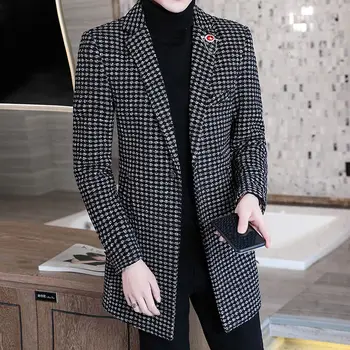 Jesienno-zimowy płaszcz Slim Fit dla mężczyzn nowy wełniany garnitur męski średni i długi koreański slim Abrigo Largo Hombre kratkę marynarka moda
