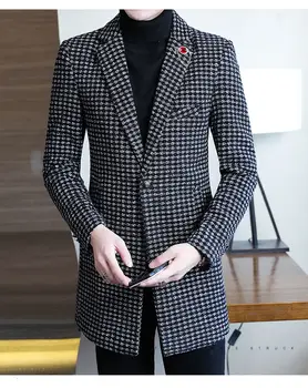 Jesienno-zimowy płaszcz Slim Fit dla mężczyzn nowy wełniany garnitur męski średni i długi koreański slim Abrigo Largo Hombre kratkę marynarka moda
