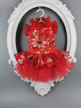 Bezpłatna Wysyłka Handmade Ubrania Dla Psów Sukienka Dla Psa Czerwone Cekiny Wyszywany Kwiat Zwierzę Suknia Ślubna Koty Pudel Yorki Maltański