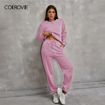 COLROVIE Marled Knit Sweatshirt and Sznurek Waist Pants Set Women Spring Solid Basics Casual Two Piece Outfits