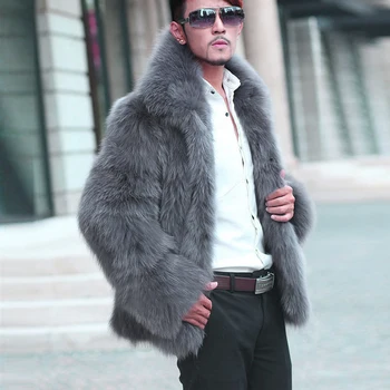 Nowa dostawa męskie luksusowe futra płaszcz z wykładanym kołnierzem cienkie futerko kurtka, odzież wierzchnia kurtka płaszcz duży rozmiar XXXL szary