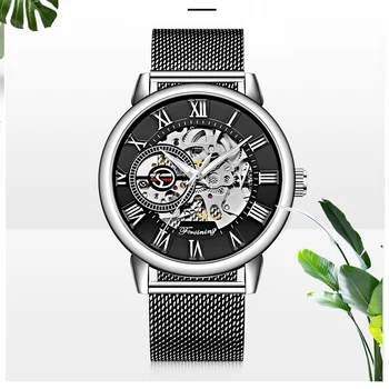 Męski zegarek siatkowy pasek nie jest wodoodporny zegarek męski mechaniczna ręka wiatr zegarek pusty projekt biznes zegarek sukienka