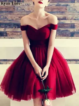 Wino Czerwone Sukienki Koktajlowe 2020 Z Otwartymi Ramionami Krew Czerwone Krótka Sukienka Balu A-Line Vestido De Gala Damskie Suknie Wieczorowa