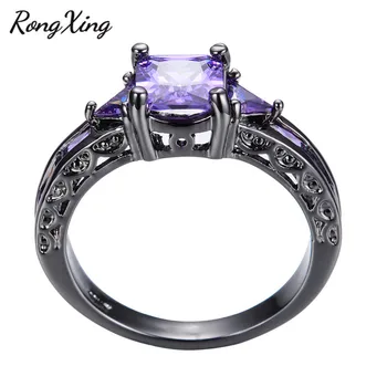 RongXing uroczy fioletowy Kryształ Cyrkonu kwadratowe pierścienie dla kobiet, Vintage czarne złoto wypełnione pierścionek kamień biżuteria prezent